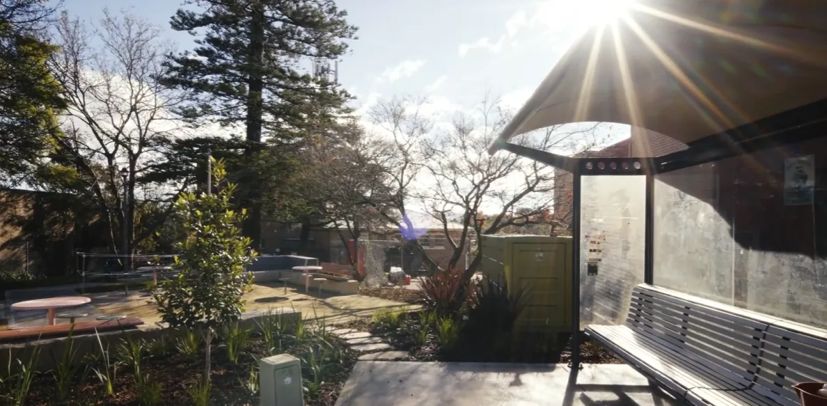 Sandstone paving and sheltered dining area at Telstra Park Springwood